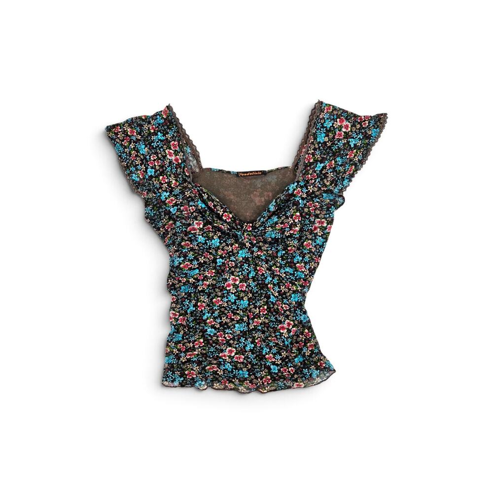 Y2k Euro Micro Mesh Top Milkmaid Fitted Ditsy Floral Coquette - Size Small